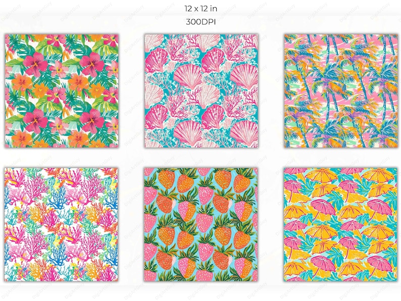 Six individual pattern previews showcasing tropical flowers, seashells, multicolored palms, coral reefs, strawberries, and sunny beach umbrellas in vivid pink, orange, teal, and yellow hues.