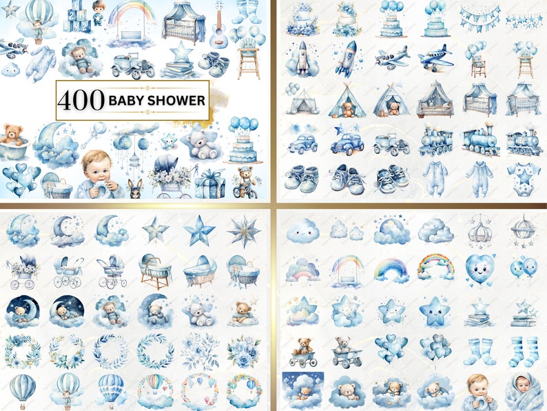 Shows blue baby shower examples from the bundle