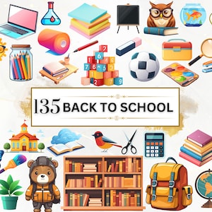 Bundle de cliparts pour la rentrée - 135 cliparts PNG animés pour la rentrée, ensemble de cliparts école, décoration d'école, décoration de salle de classe, décoration de chambre d'enfant