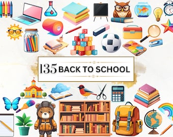 Back to School Clipart Bundle - 135 Animated Back to School PNG Clipart, School Clipart Set, School Decor Classroom Decor Nursery Decoration