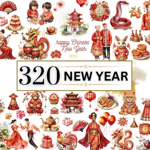 Clipart de Año Nuevo Chino - 320 PNG de acuarela de Año Nuevo, Clipart de Año Nuevo Lunar, Feliz Año Nuevo 2025 PNG, Dragón chino, Linterna