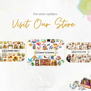 May include: A digital collage of colorful images with the text "135 Honey Bee", "135 Back to School", "215 Coffee Lover", and "170 Pink" on each image. The images are arranged in a row with the text "Visit Our Store" above them.