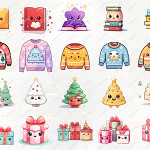 May include: A set of 20 digital illustrations featuring cute cartoon characters with Christmas themes. The illustrations include books, sweaters, Christmas trees, and gift boxes.