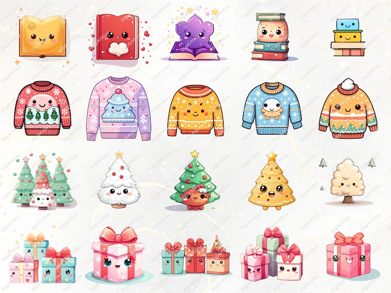 May include: A set of 20 digital illustrations featuring cute cartoon characters with Christmas themes. The illustrations include books, sweaters, Christmas trees, and gift boxes.