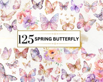 Op de afbeelding: Een digitale download van 125 aquarel-voorjaarsvlinderillustraties. De vlinders zijn in tinten roze, paars en goud. De vlinders zijn omringd door aquarelbloemen.