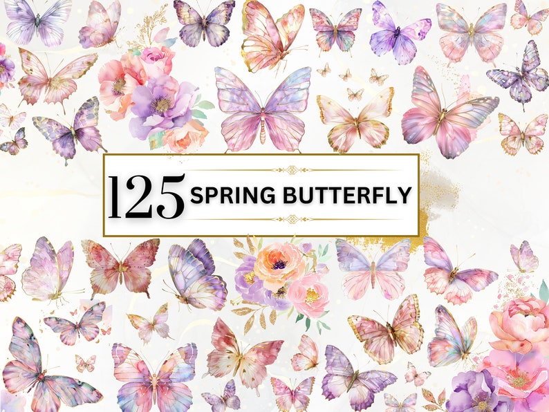The image shows Spring Butterfly Clipart Bundle featuring 125 designs including flying butterflies, butterflies with gold glitter, floral butterflies,  floral bouquets and more. Pink and purple color palette is used to give the spring feel.