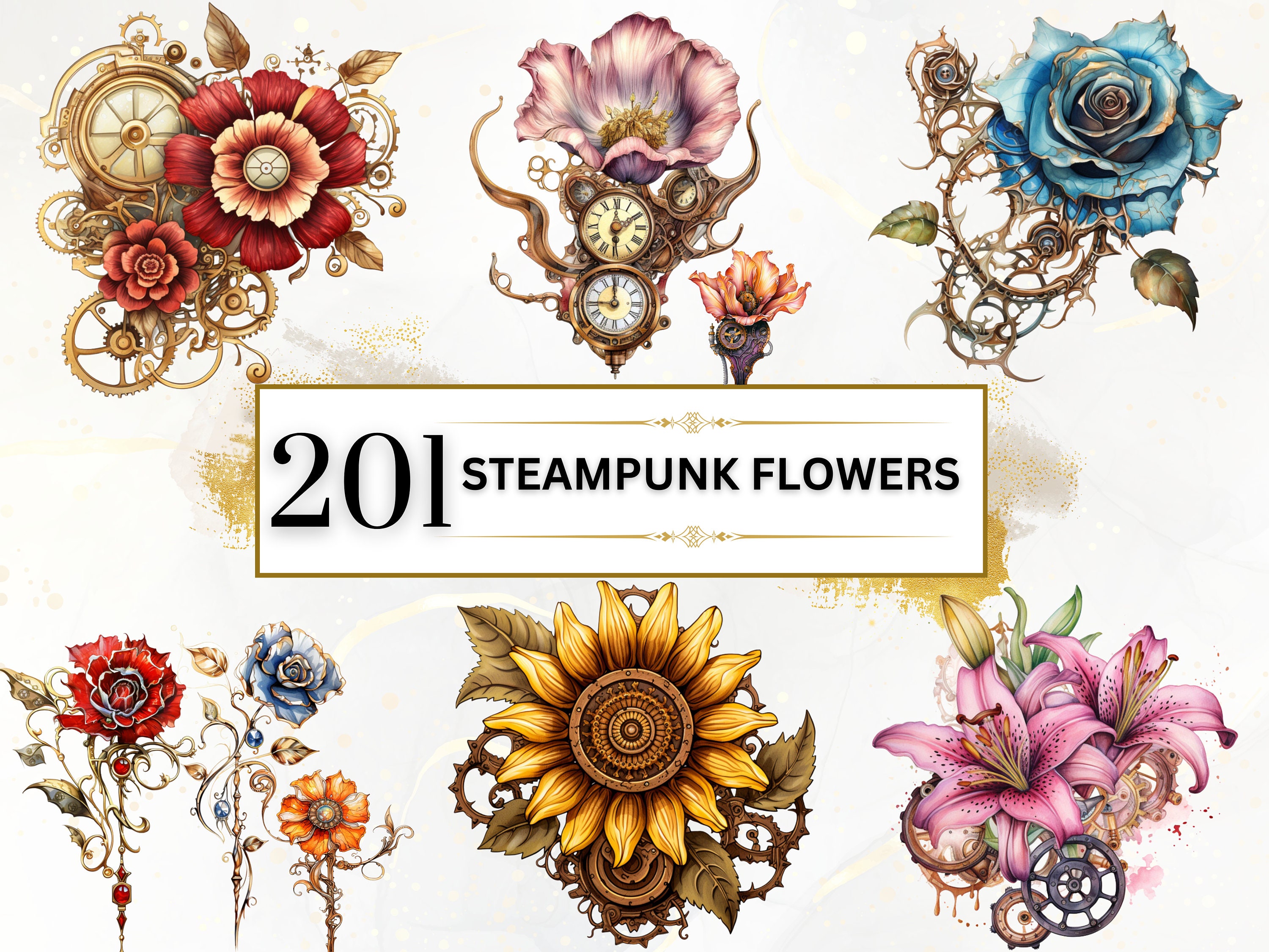 Steampunk Flower Clipart Bundle - 201 Watercolor Steampunk Clipart, Victorian Art, Fantasy Art, Vintage, Commercial Use, Decor, Junk Journal