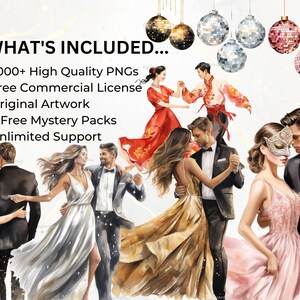 May include: A digital illustration of couples dancing at a formal event. The illustration features a variety of couples in different poses, all dressed in elegant attire. The background is a soft, watercolor-like design with a subtle sparkle effect.
