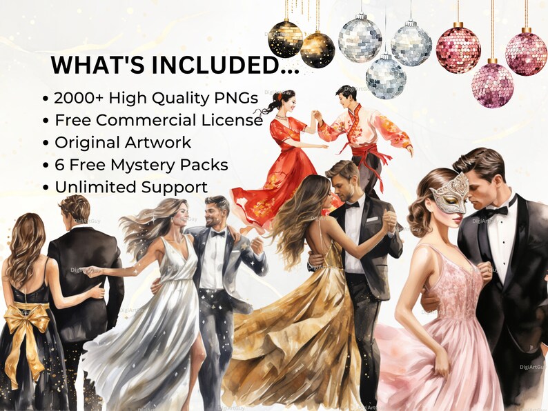 May include: A digital illustration of couples dancing at a formal event. The illustration features a variety of couples in different poses, all dressed in elegant attire. The background is a soft, watercolor-like design with a subtle sparkle effect.