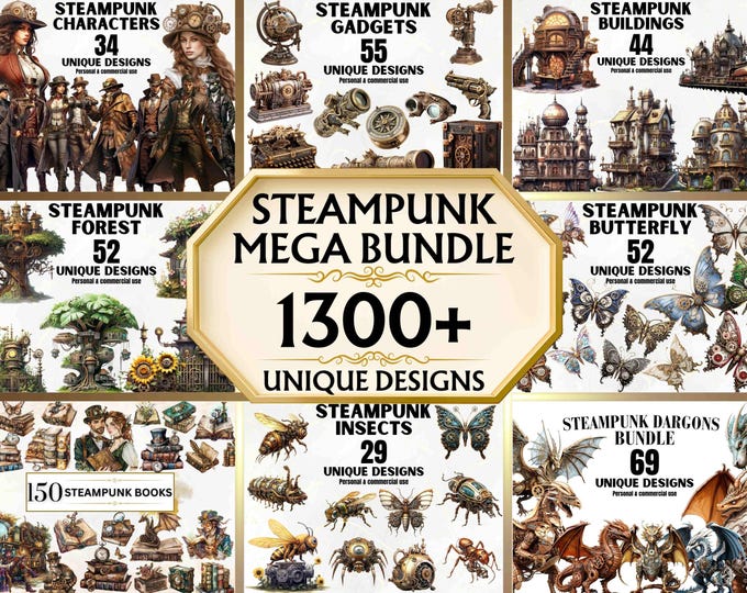 Steampunk Mega Clipart Bundle - 1300+ Unique Steampunk PNGs, Victorian Clipart, Fantasy Art, Commercial Use, Decor, DIY, Printable