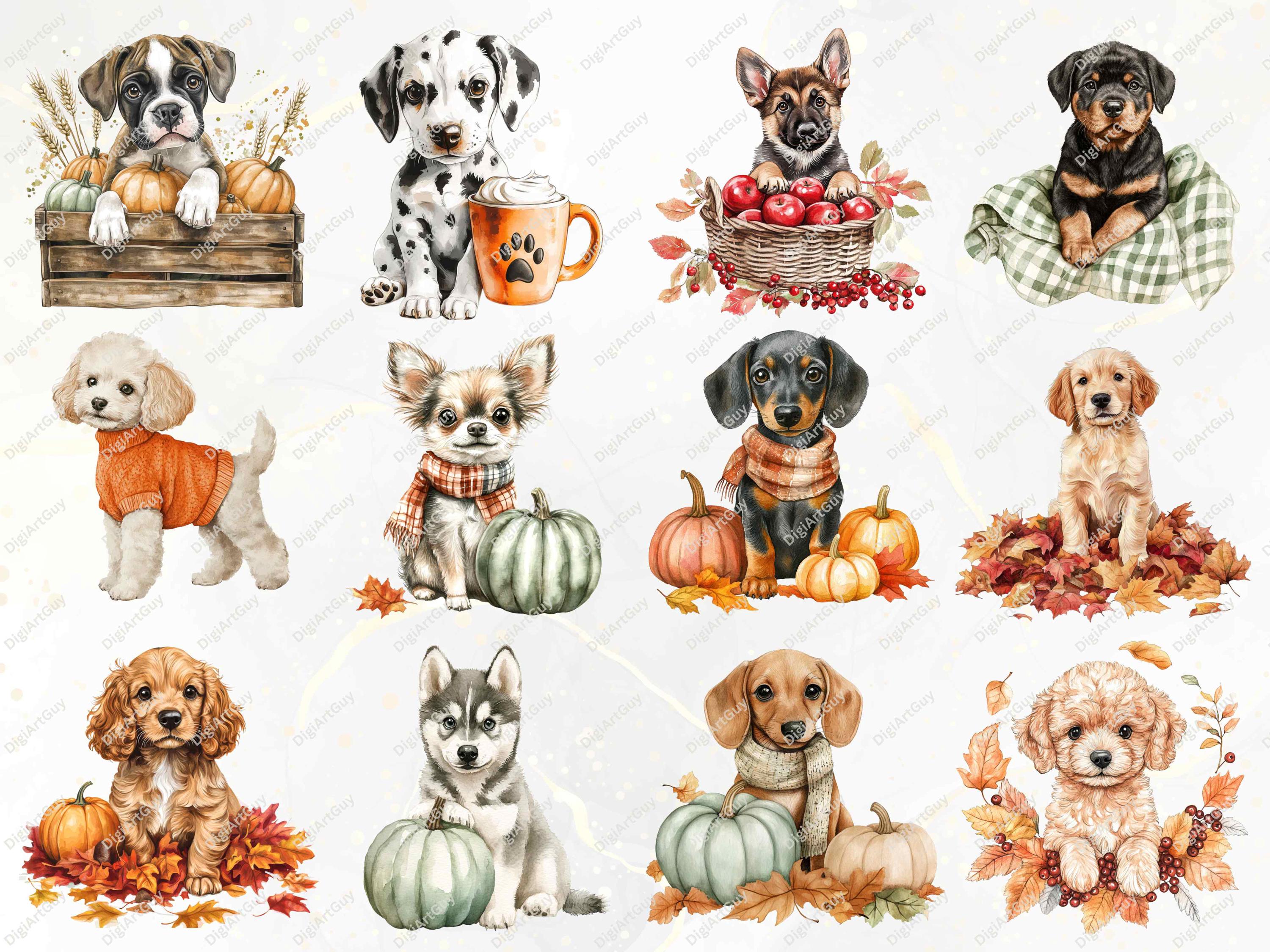 Watercolor Autumn Dog Clipart Fall Puppies PNG Dog PNG Cozy Puppy ...