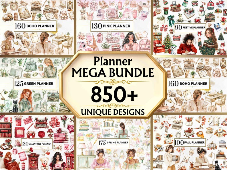 Image shows planner mega bundle featuring green, pink, fall, valentine, spring and neutral planner clipart.