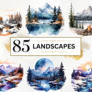 Winter Landscape Clipart - 85 Watercolor Winter Clipart PNGs, Winter PNG, Winter Wonderland, Snowy Landscape PNG, Scenery PNG, Mountain Png