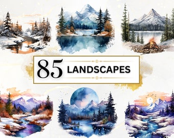 Winter Landscape Clipart - 85 Watercolor Winter Clipart PNGs, Winter PNG, Winter Wonderland, Snowy Landscape PNG, Scenery PNG, Mountain Png
