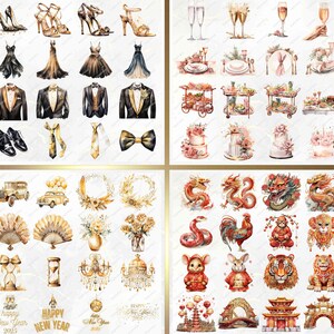 May include: A collection of watercolor illustrations featuring various themes, including New Year's Eve, weddings, and Chinese New Year. The illustrations include images of champagne glasses, wedding dresses, tuxedos, cakes, fireworks, dragons, and more.