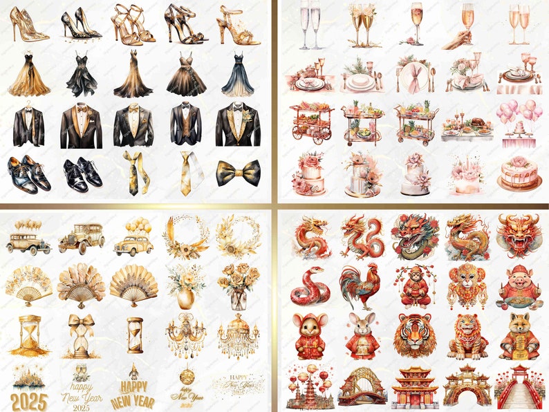 May include: A collection of watercolor illustrations featuring various themes, including New Year's Eve, weddings, and Chinese New Year. The illustrations include images of champagne glasses, wedding dresses, tuxedos, cakes, fireworks, dragons, and more.