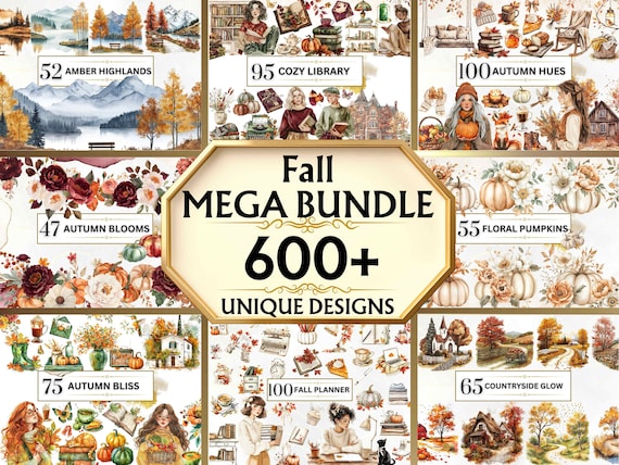 Watercolor Fall PNG Bundle Rustic Autumn PNG Fall Floral Clipart Pumpkin Clipart Cozy Fall Graphics Cottagecore PNG Fall Landscape Clipart