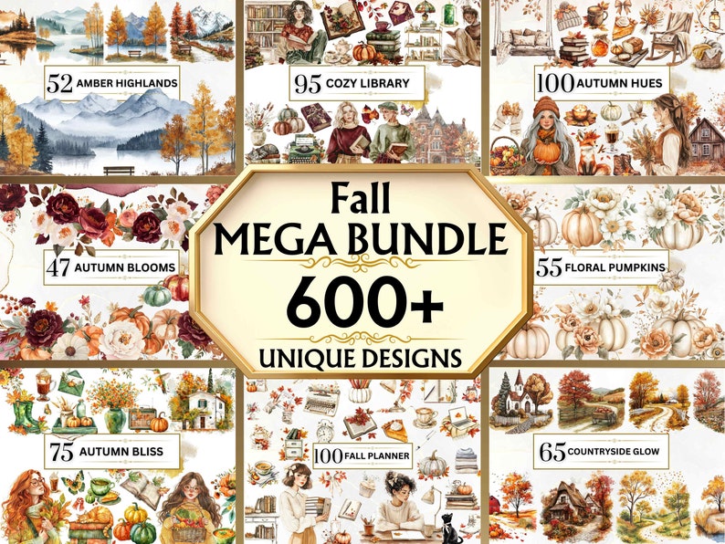 The image features designs titled Amber Highlands, Cozy Library, Autumn Hues, Autumn Blooms, Autumn Bliss, and Countryside Glow, all capturing the cozy essence of fall with interiors, landscapes, florals, and seasonal decor elements.