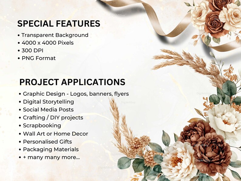 Description of special features of the images: transparent background, 4k pixels square, 10.6 x 10.6 inches. 300 DPI and PNG format.Project applications include graphic design, crafting, scrapbooking,personalised gifts and many more
