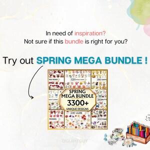 May include: A collage of images showcasing a Spring Mega Bundle with over 3300 unique designs. The bundle includes images of red roses, daffodils, peonies, lilies, butterflies, and other spring-themed designs.
