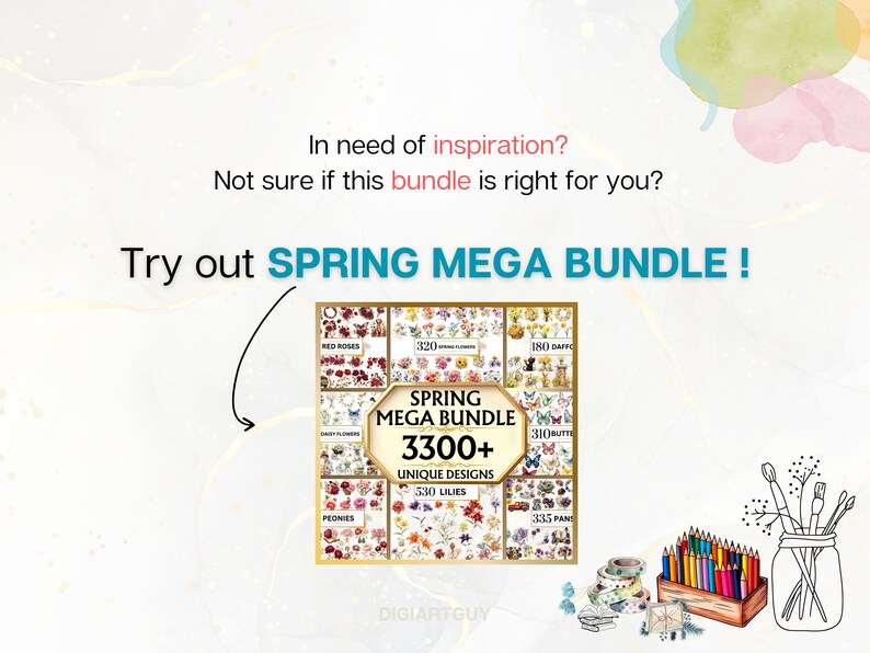 May include: A collage of images showcasing a Spring Mega Bundle with over 3300 unique designs. The bundle includes images of red roses, daffodils, peonies, lilies, butterflies, and other spring-themed designs.