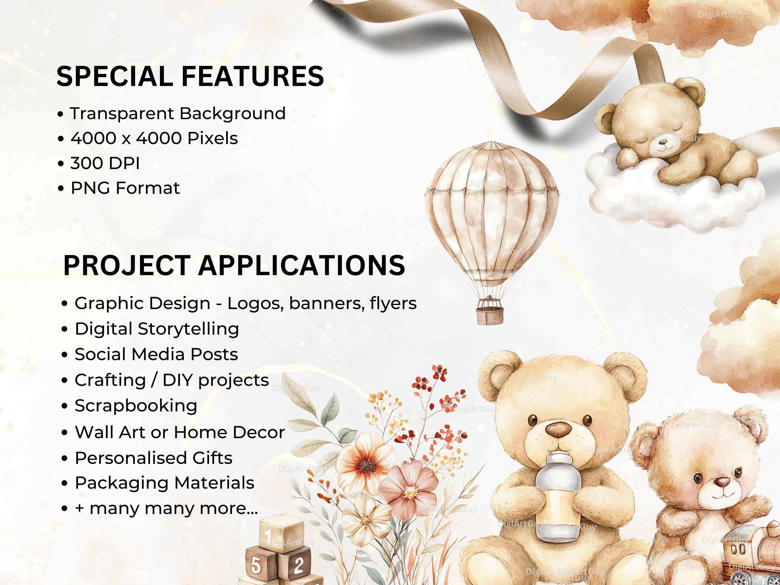 Boho Teddy Bear Clipart Watercolor Neutral Teddy Bear PNG Neutral Baby ...