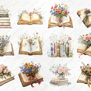 Showcasing vintage books paired with floral details. Includes designs like blooming bouquets on open pages, pastel-stacked books, and rustic bindings. Features delicate flowers like roses, lavender, and sunflowers tied with ribbons.