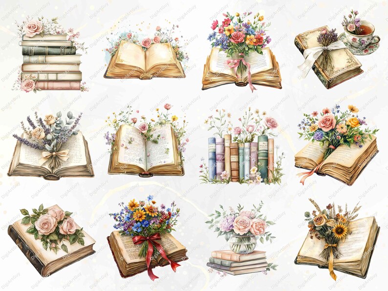 Showcasing vintage books paired with floral details. Includes designs like blooming bouquets on open pages, pastel-stacked books, and rustic bindings. Features delicate flowers like roses, lavender, and sunflowers tied with ribbons.
