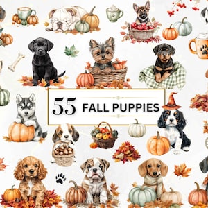 May include: Watercolor illustrations of various puppies with pumpkins, autumn leaves, and other fall-themed elements. The image includes the text "55 FALL PUPPIES" in a rectangular frame. The puppies are depicted in different breeds and poses.
