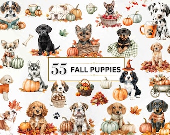 Watercolor Autumn Dog Clipart Fall Puppies PNG Dog PNG Cozy Puppy Graphics Dog Breeds Clipart Rustic Autumn Clipart Cute Fall Dog Clipart