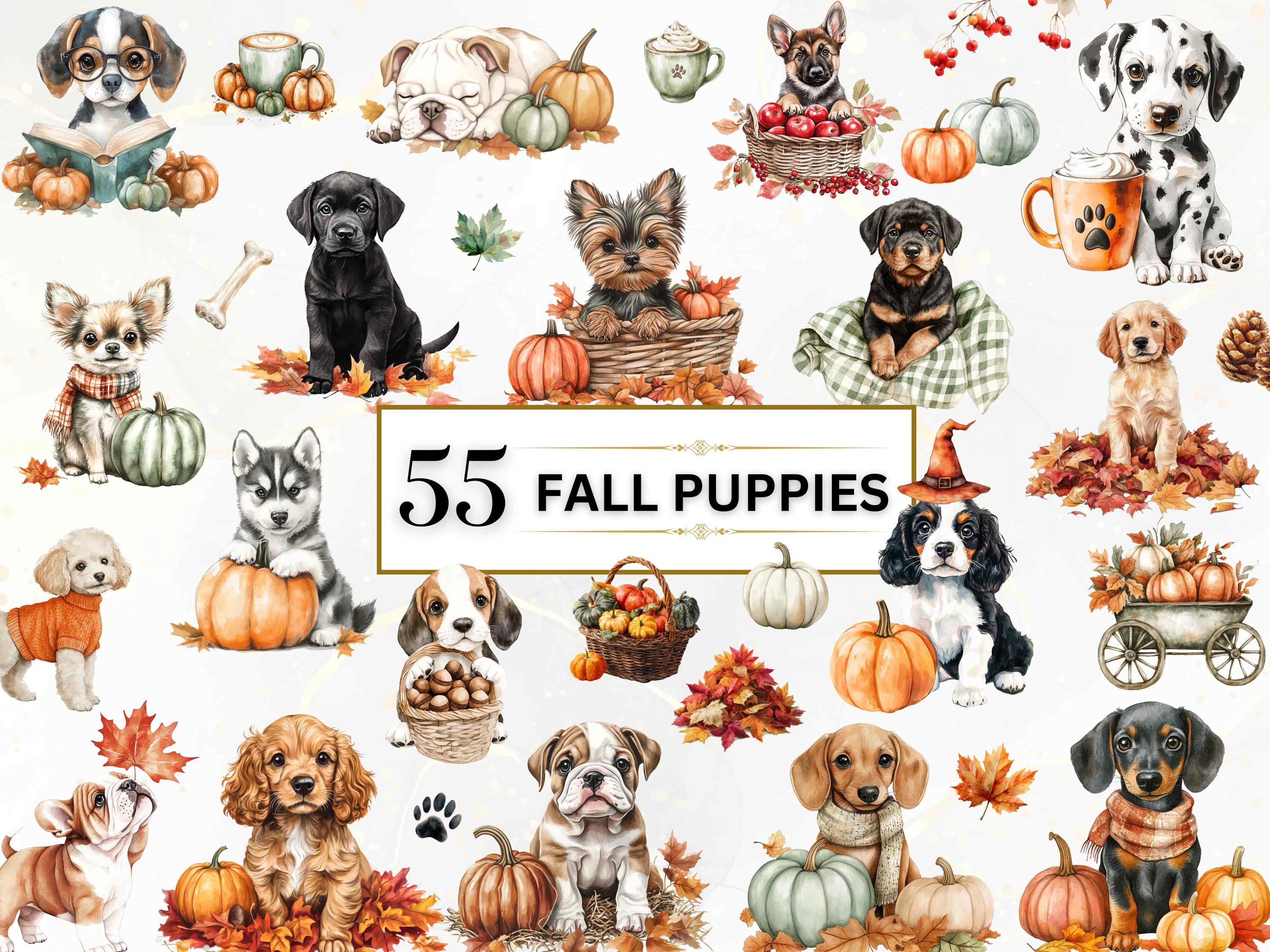 Watercolor Autumn Dog Clipart Fall Puppies PNG Dog PNG Cozy Puppy ...