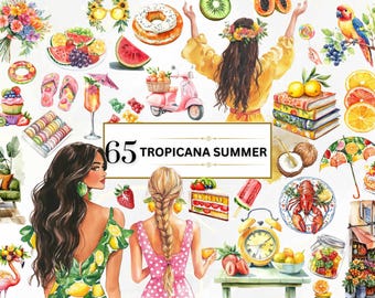 Clipart de verano en acuarela, paquete de pegatinas digitales de verano, vibraciones de verano, clipart de vacaciones de verano tropical, diario basura, álbum de recortes