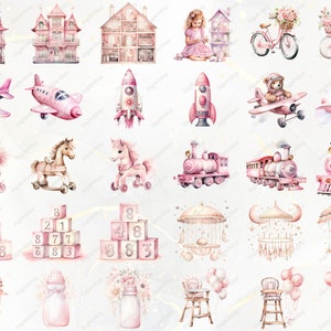 Peut inclure: Un ensemble d'illustrations &agrave; l'aquarelle repr&eacute;sentant des jouets roses et blancs, dont une maison de poup&eacute;e, un cheval &agrave; bascule, un train jouet et une fus&eacute;e. Les illustrations sont parfaites pour une chambre de b&eacute;b&eacute; ou une chambre d'enfant.