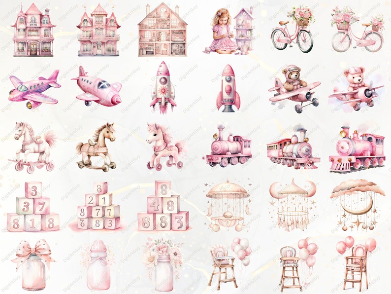 Peut inclure: Un ensemble d'illustrations &agrave; l'aquarelle repr&eacute;sentant des jouets roses et blancs, dont une maison de poup&eacute;e, un cheval &agrave; bascule, un train jouet et une fus&eacute;e. Les illustrations sont parfaites pour une chambre de b&eacute;b&eacute; ou une chambre d'enfant.