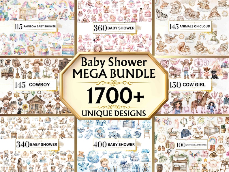 Image shows 9 different bundles of baby shower including blue, pink, neutral, western, animals and more.