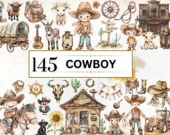 Cowboy Clipart Watercolor Western Clipart Wild West PNG Baby Animal Clipart Cute Cowboy PNG Nursery Clipart Baby Shower PNG | Commercial Use