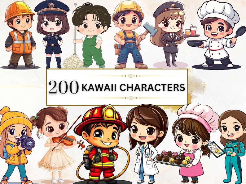 This collection features 200 adorable kawaii characters representing various professions, from doctors and chefs to artists and workers. Perfect for creative projects, digital art, and educational materials.