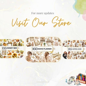 May include: Four digital planner sticker sets with watercolor illustrations. The sets are labeled "135 Honey Bee", "160 Boho Planner", "215 Coffee Lover", and "170 Pink Floral Bouquet".