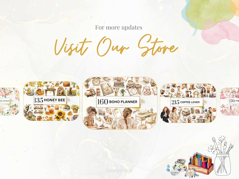 May include: Four digital planner sticker sets with watercolor illustrations. The sets are labeled "135 Honey Bee", "160 Boho Planner", "215 Coffee Lover", and "170 Pink Floral Bouquet".