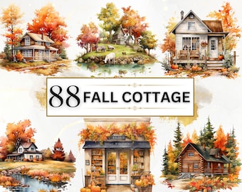 Autumn House Bundle - 88 Fall Clipart PNGs, Fall Watercolor Clipart Bundle, Watercolor Autumn PNG Clipart, Fall Cottage, Fall PNG Designs