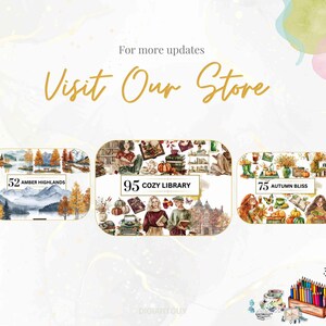 Promotional slide for additional themed bundles in the store. Includes previews of collections like Autumn Bliss and Cozy Library, along with items like pumpkins, rustic settings, and books, accompanied by a creative tools illustration.