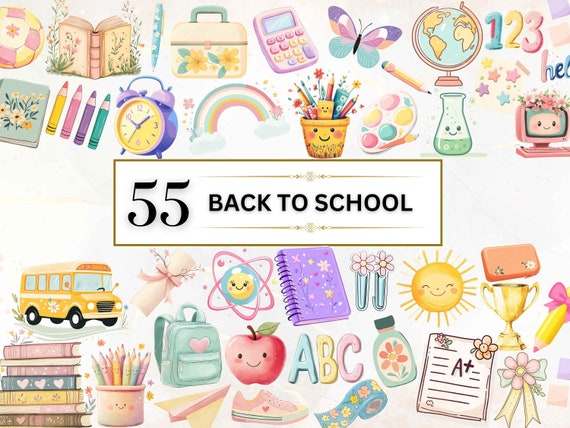 School PNG Back To School Printable Pastel School Supplies Clipart Cute Kawaii School Clipart School stationery Classroom PNG Commercial Use