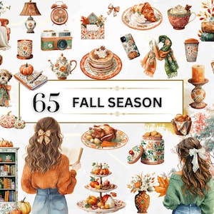 Watercolor Autumn Clipart Cozy Fall PNG Watercolor Autumn Graphics Fall Aesthetic PNG Pumpkins and Bows Seasonal Clipart Commercial Use