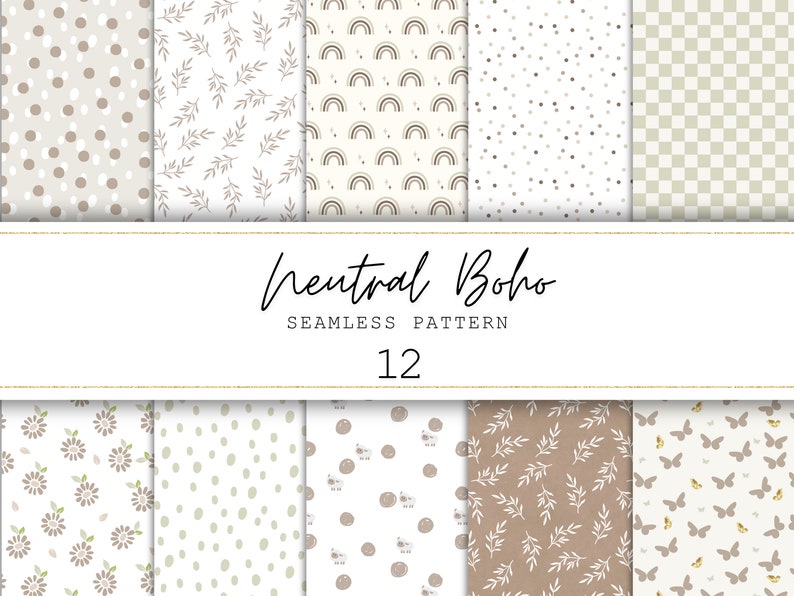 Image shows Neutral Boho Seamless pattern featuring 12 unique digital papers.