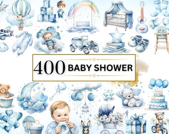Baby Shower Clipart - 400 Blue Baby Shower PNGs, Newborn Baby Boy Clipart, Baby Shower for Boy, Nursery Clipart, Gender Reveal, Teddy Bear