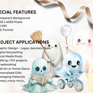 Special features are listed, highlighting transparent backgrounds, high resolution (4000x4000 pixels), and 300 DPI. Applications include uses in graphic design, crafting, social media, scrapbooking, and more, with cheerful ghosts.