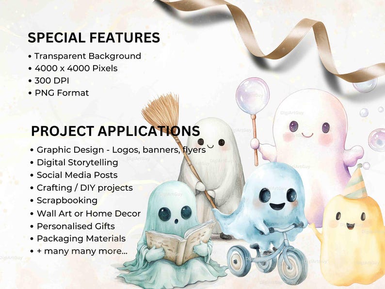 Special features are listed, highlighting transparent backgrounds, high resolution (4000x4000 pixels), and 300 DPI. Applications include uses in graphic design, crafting, social media, scrapbooking, and more, with cheerful ghosts.