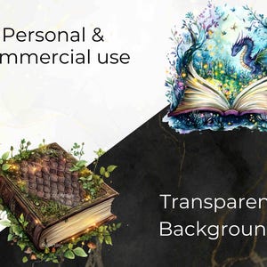 Two dragon-themed books showcasing transparency. One features a glowing forest dragon with a magical ambiance, while the other has intricate floral elements with a dragon emerging from a mystical book.