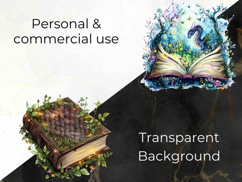 Two dragon-themed books showcasing transparency. One features a glowing forest dragon with a magical ambiance, while the other has intricate floral elements with a dragon emerging from a mystical book.