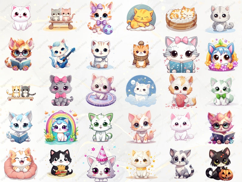 May include: A collection of 36 adorable cartoon cat illustrations. The cats are depicted in various poses and activities, including reading, playing music, sleeping, and wearing hats. The illustrations are colorful and whimsical, and they would be perfect for use in a variety of projects, such as greeting cards, scrapbooking, or digital art.